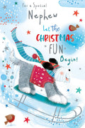 Nephew Christmas Card Cute Sledging Dog Robin 9" x 6" Lovely Verse
