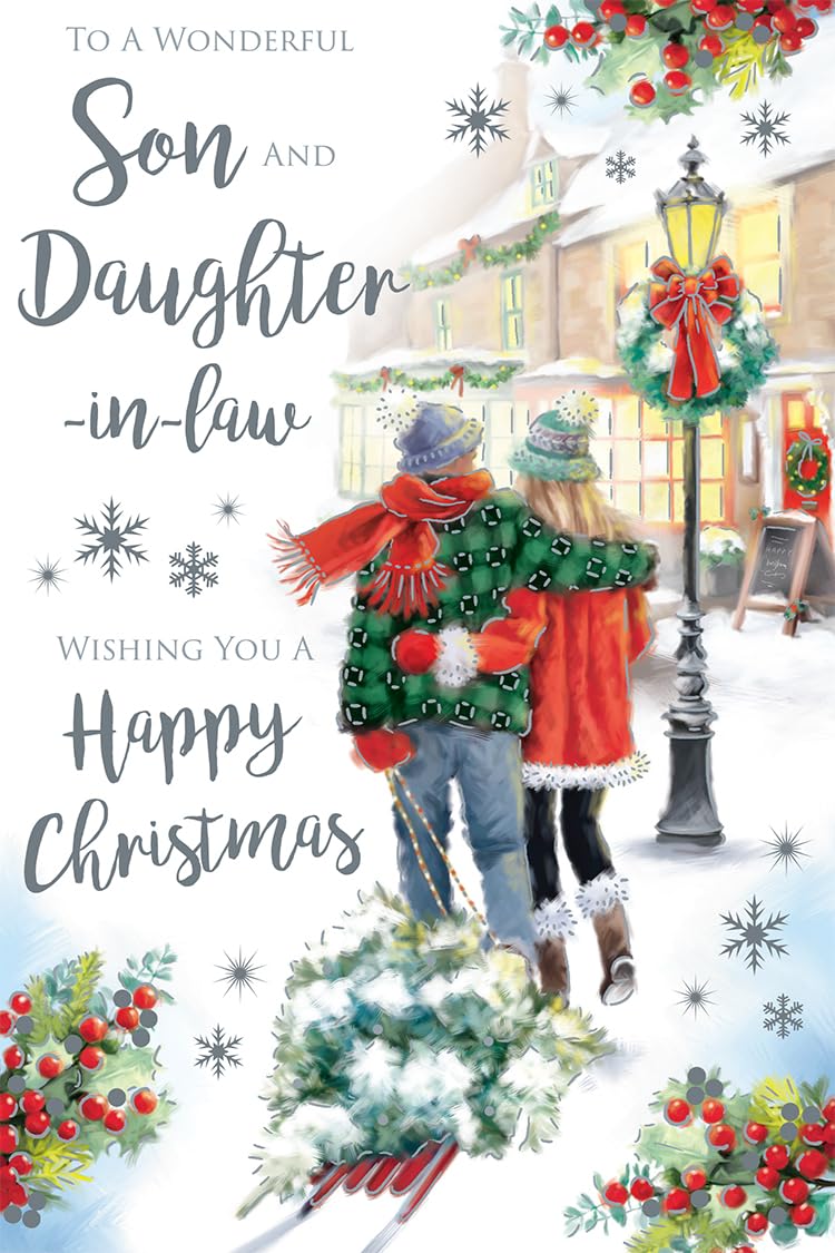 Son & Daughter in Law Christmas Card Couple Cuddling 9" x 6" Lovely Verse