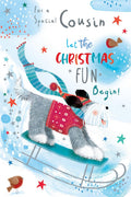 Cousin Christmas Card Cute Sledging Dog Robin 9" x 6" Lovely Verse