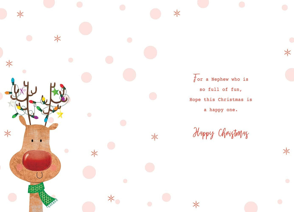 Special Nephew Christmas Card Cute Reindeer & Lights Design Lovely Verse