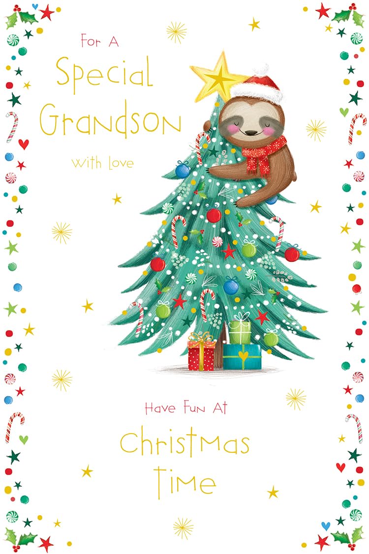 Grandson Christmas Card Cute Sloth Tree Gifts Stars 9" x 6" Lovely Verse