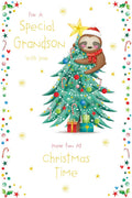 Grandson Christmas Card Cute Sloth Tree Gifts Stars 9" x 6" Lovely Verse
