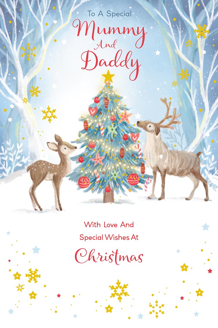 Christmas Card Mummy & Daddy Large Cute Reindeer Snow Scene 15x23cm