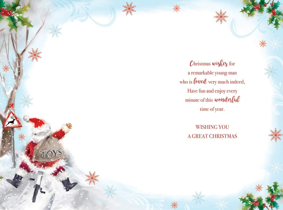 Grandson Christmas Card Santa Cycling Sack Of Toys & Holly Design Lovely Verse