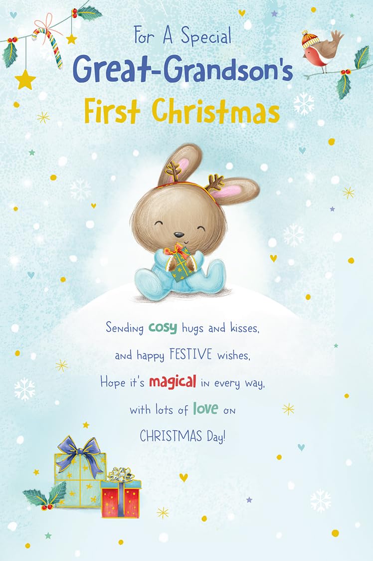 1st Christmas Card Great-Grandson 1st Christmas Large Cute Bunny 15x23cm