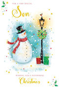 Son Christmas Card Cute Snowman Lampost Gifts 9" x 6" Lovely Verse