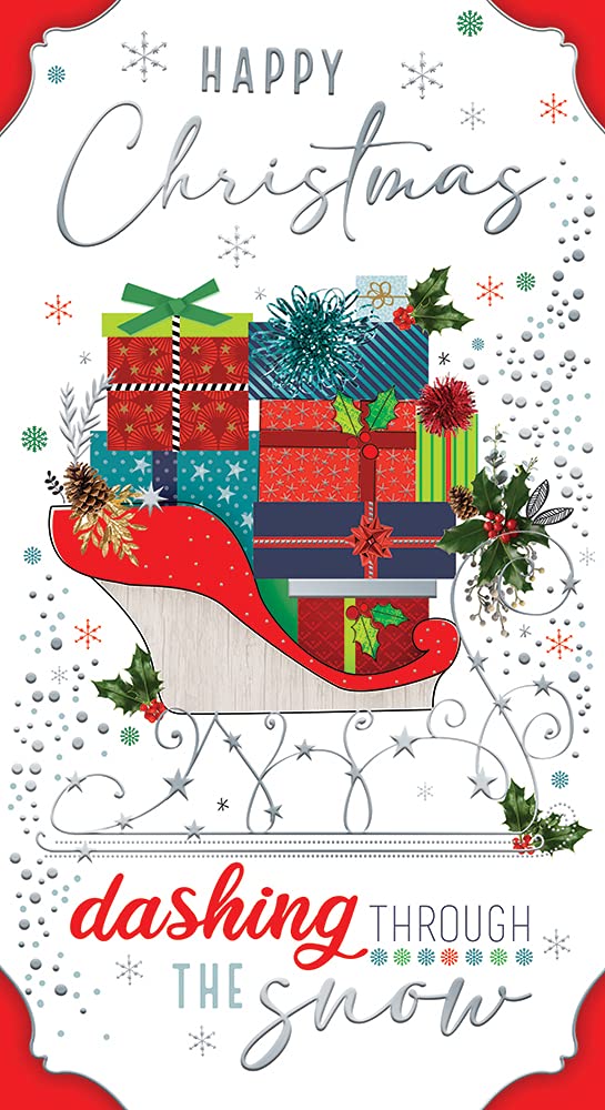 Open Christmas Card Happy Christmas Sleigh Presents Holly & Snow Bright Design