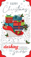 Open Christmas Card Happy Christmas Sleigh Presents Holly & Snow Bright Design