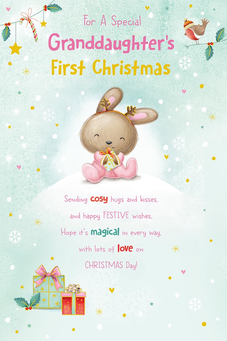 Christmas Card Granddaughter First 1st Large Cute Bunny Gifts 15x23cm