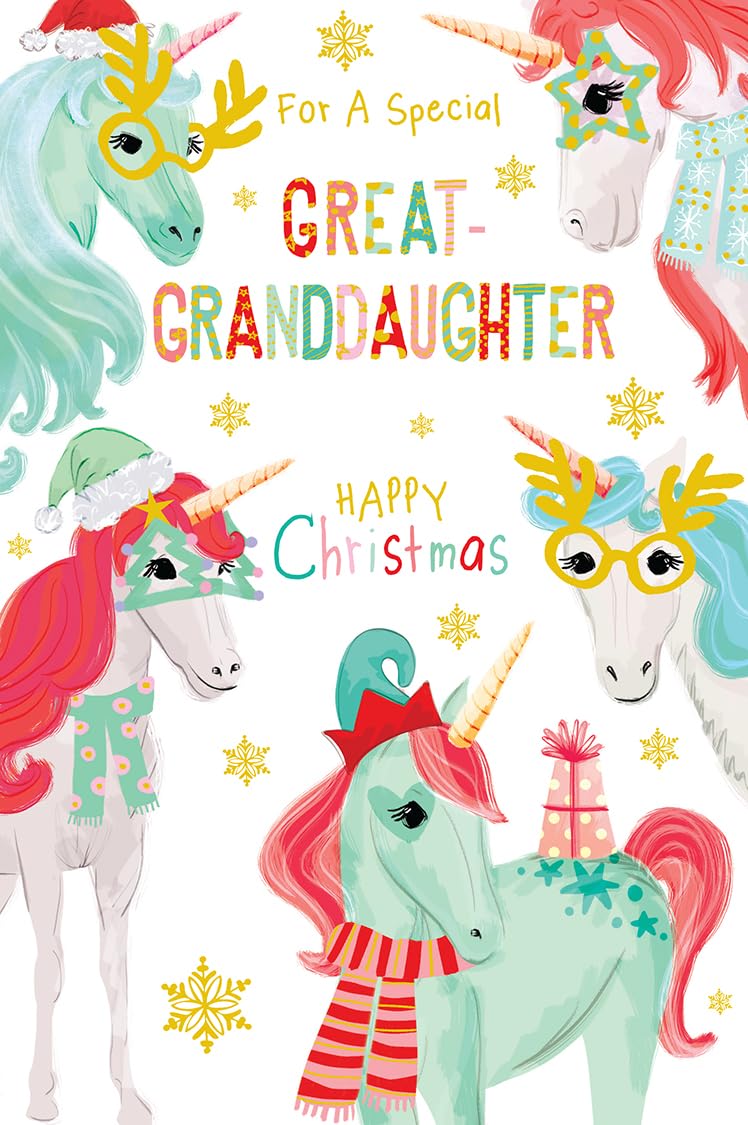Christmas Card To Great-Granddaughter Large Festive Unicorns 15x23cm
