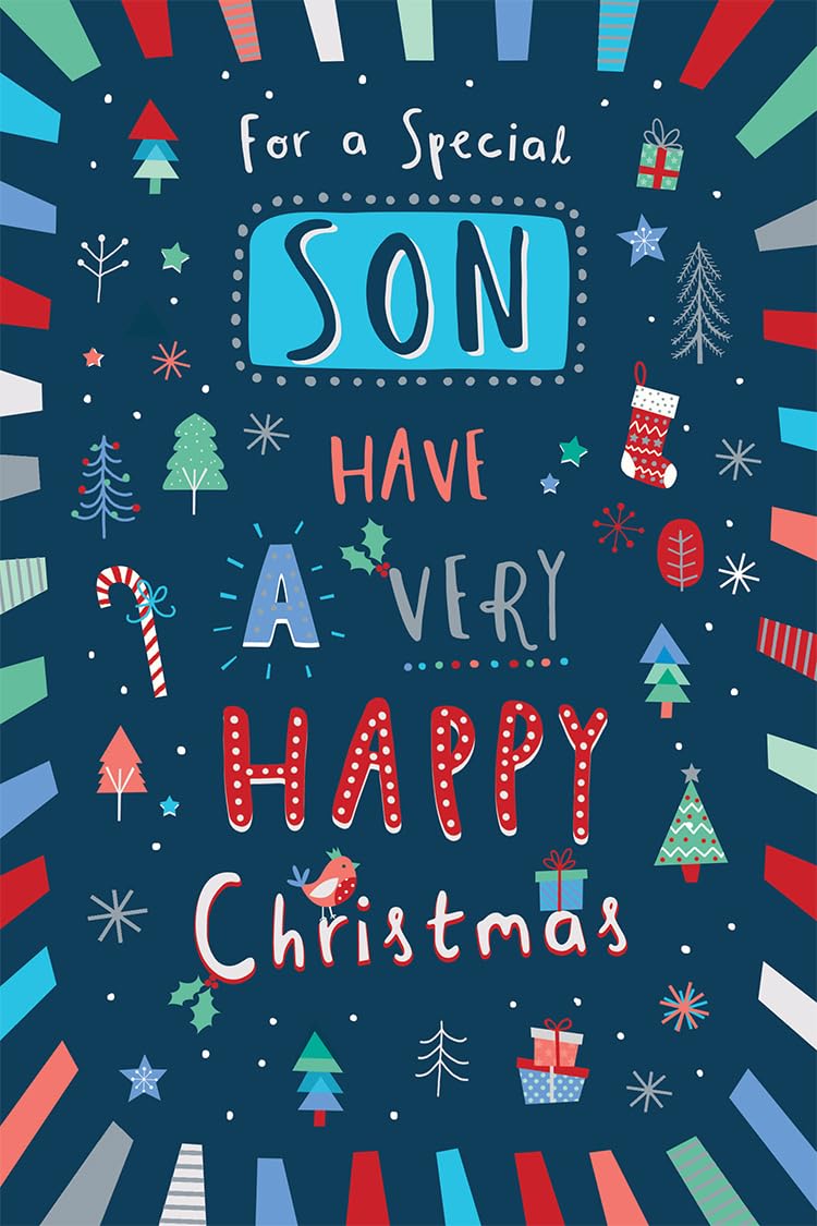 Son Christmas Card Modern Tree Holly Candy Canes 9" x 6" Lovely Verse