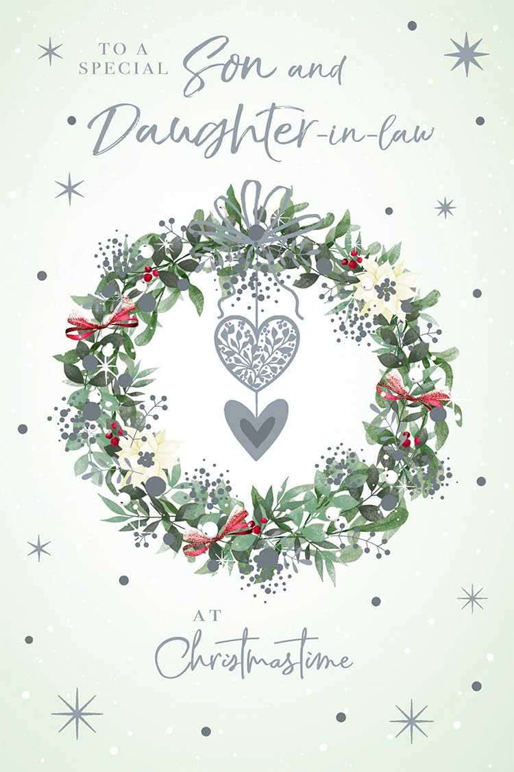 Son & Daughter in Law Christmas Card Modern Wreath 9" x 6" Lovely Verse