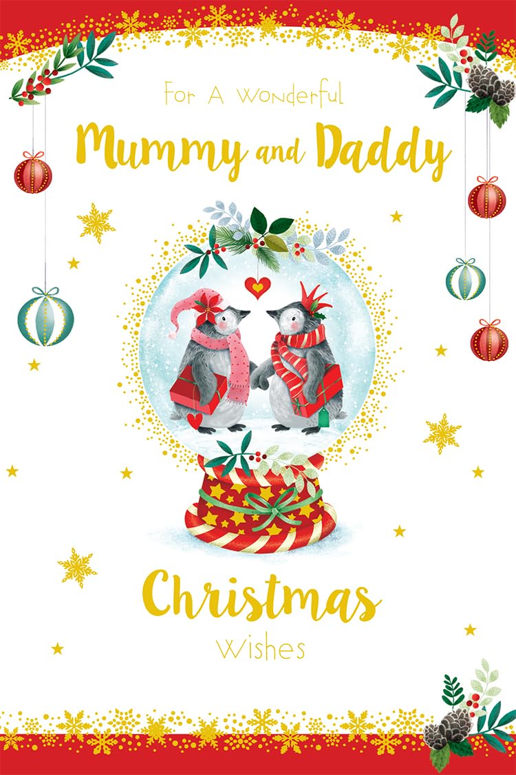 Mummy & Daddy Christmas Card Modern Penguin Snowglobe 7.5" x 5" Lovely Verse