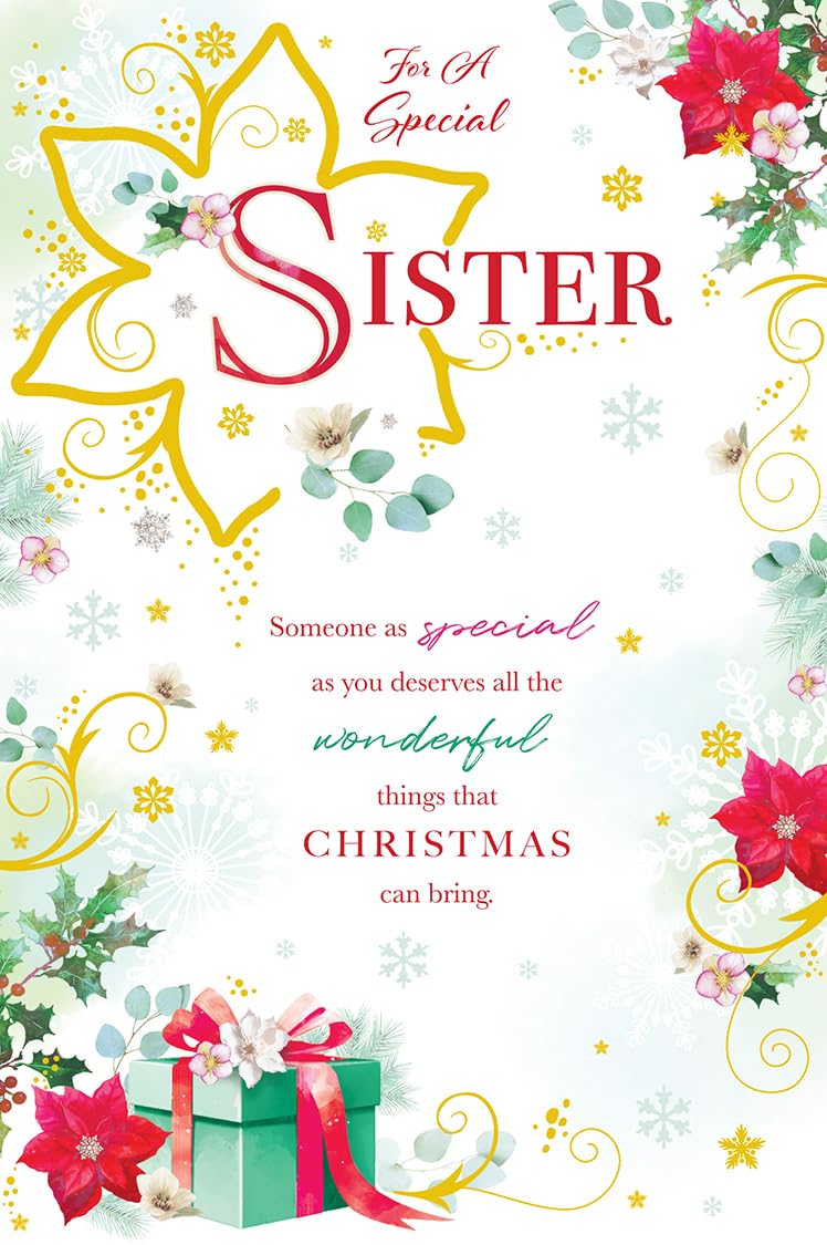 Christmas Card To Special Sister Large Gold Poinsettia Gift 15x23cm