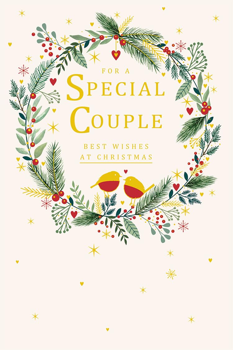 Special Couple Christmas Card Modern Wreath Robins 9" x 6" Lovely Verse