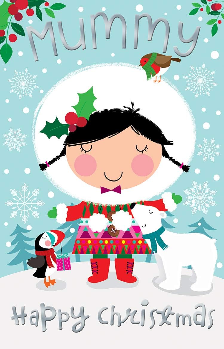 Mummy Christmas Card Cute Girl Robin Puffin & Polar Bear Design Lovely Verse