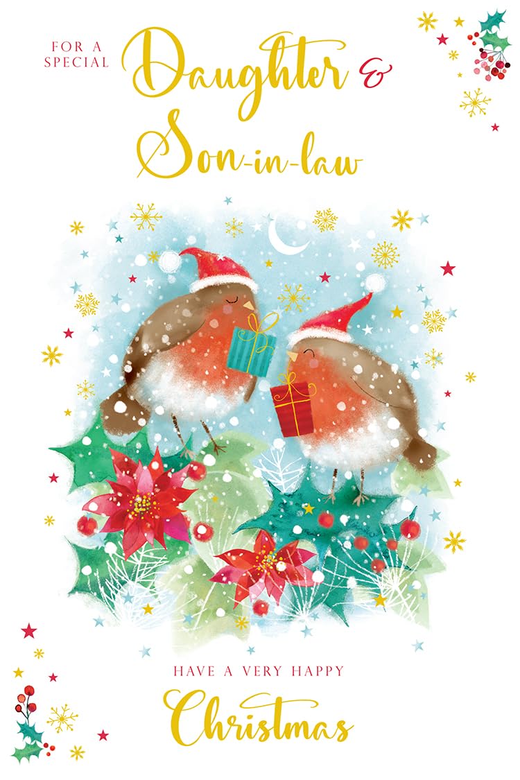 Daughter & Son in Law Christmas Card Modern Robins 9" x 6" Lovely Verse