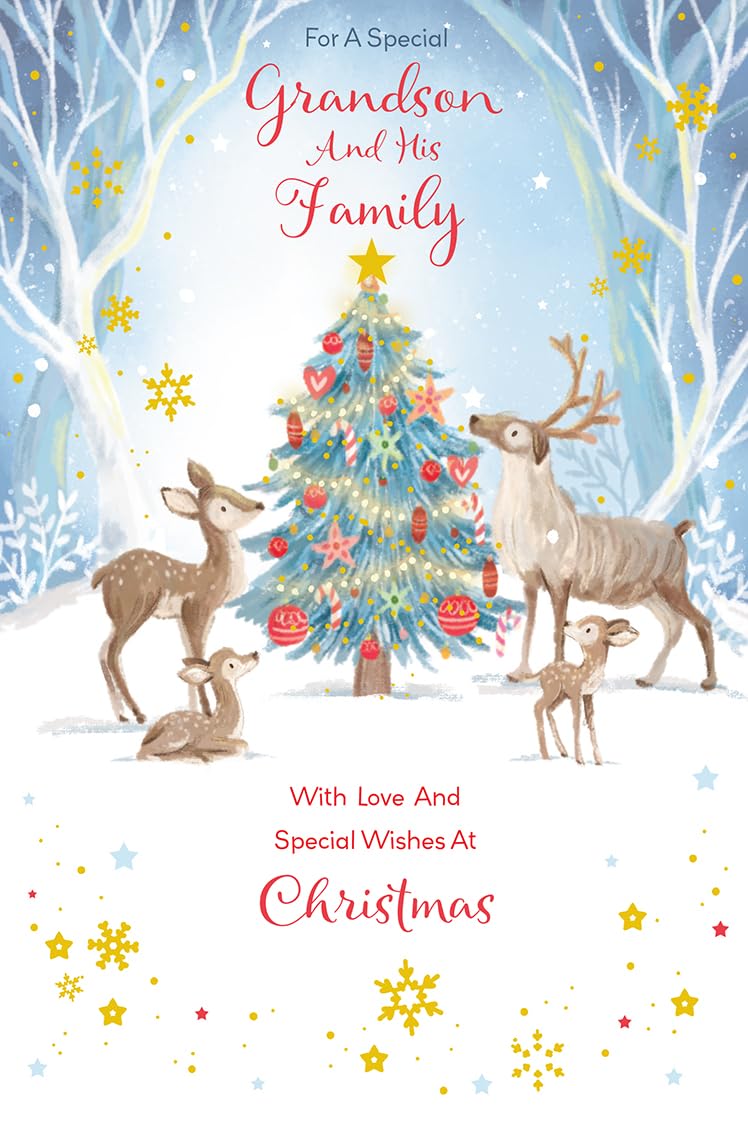 Christmas Card Special Grandson & Family Large Festive Deer Tree 15x23cm