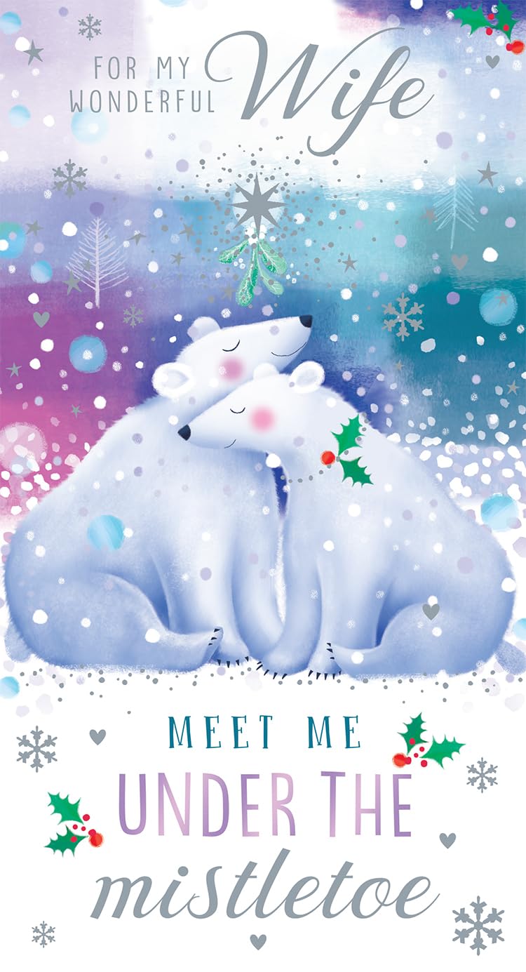 Wife Christmas Card Meet Me Under The Mistletoe Cute Bears 9" x 5"