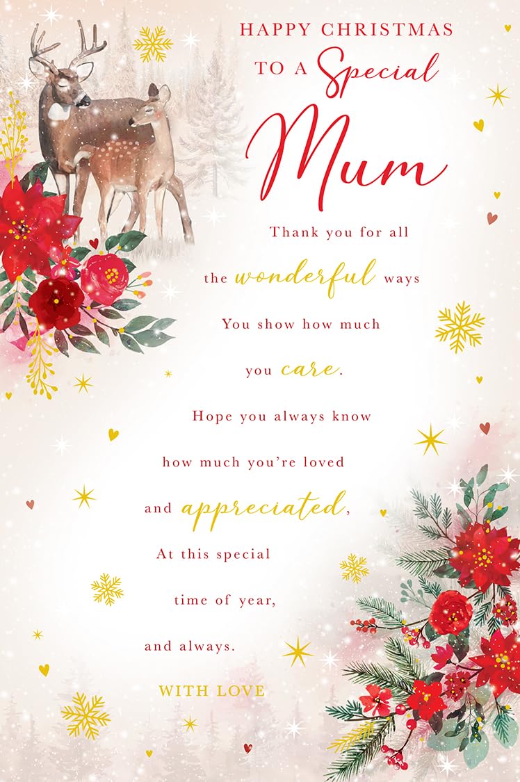 Christmas Card To Special Mum Large Deer Snow Scene Floral Festive 15x23cm