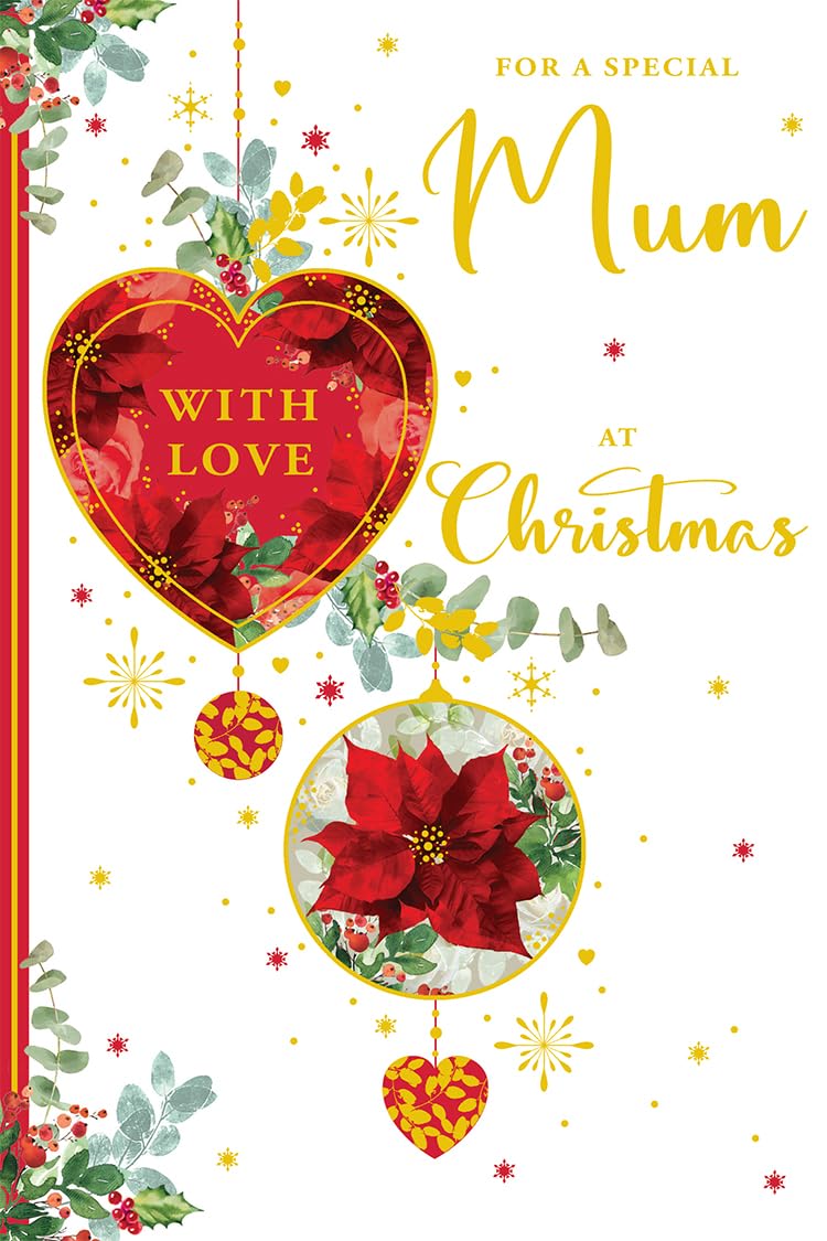 Mum Christmas Card Traditional Baubles Poinsettia 9" x 6" Lovely Verse