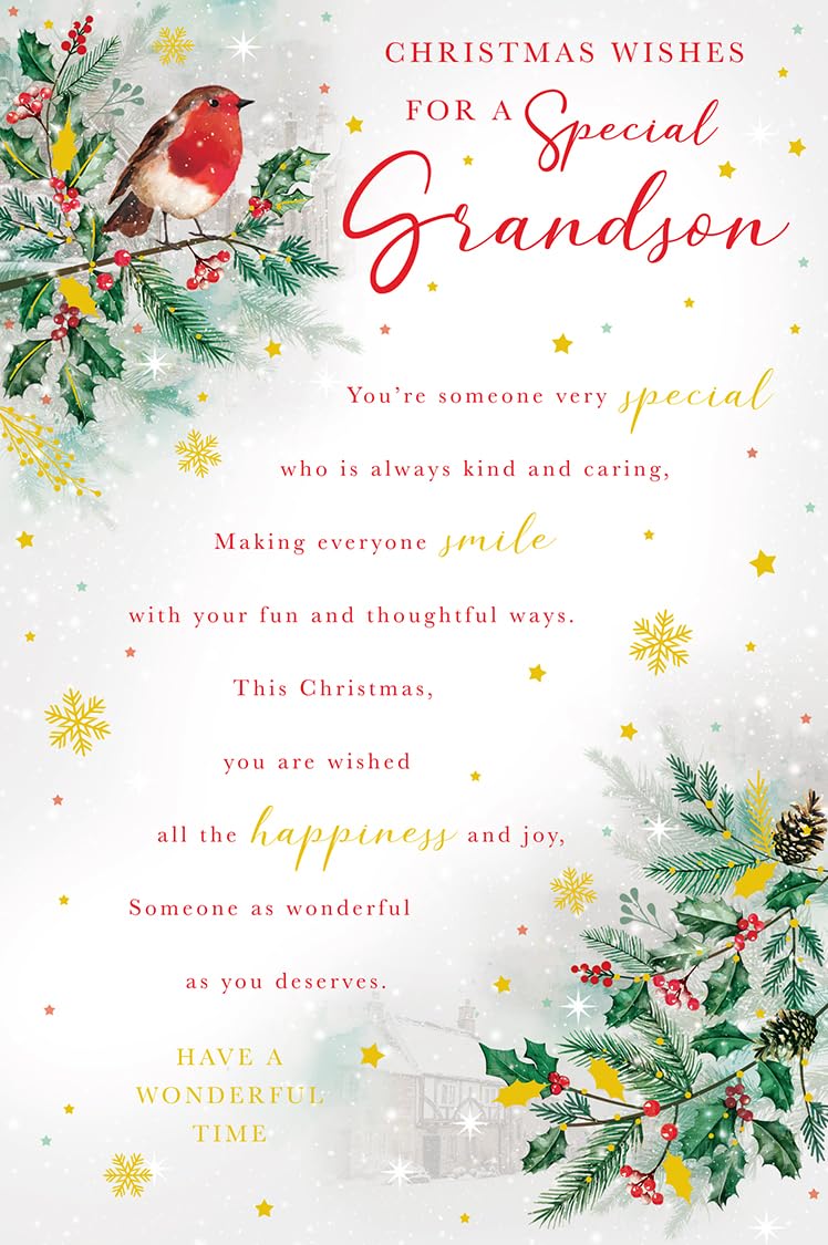 Christmas Card To Special Grandson Large Robin Winter Cottage 15x23cm
