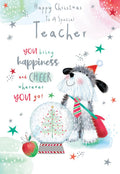 Special Teacher Christmas Card Cute Dog Apple Snowglobe 7.5" x 5" Lovely Verse