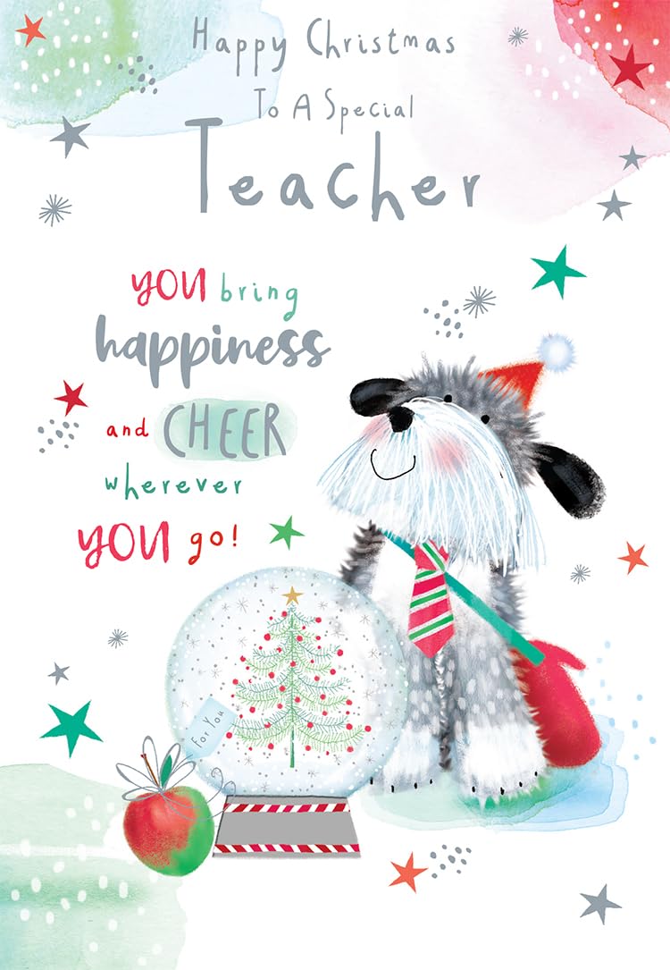 Special Teacher Christmas Card Cute Dog Apple Snowglobe 7.5" x 5" Lovely Verse