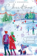 Open Christmas Card Couple Dog Ice Skating 7.5" x 5" Lovely Verse