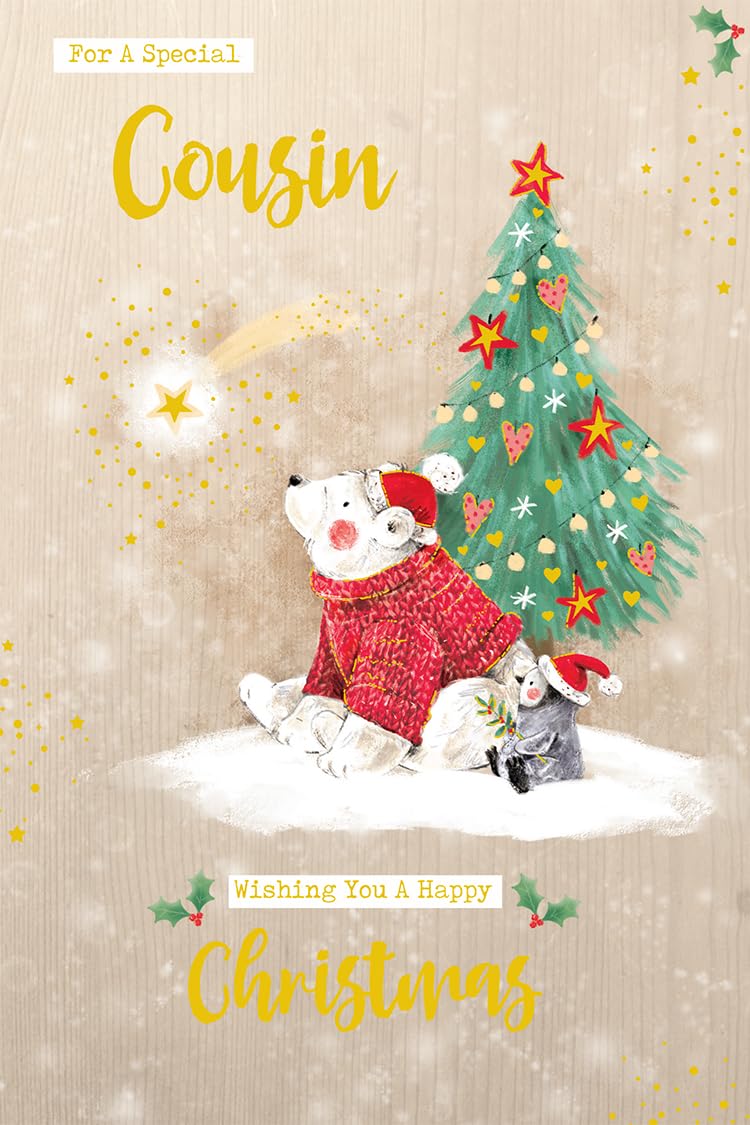 Cousin Christmas Card Modern Cute Polar Bear Penquin 7.5" x 5" Lovely Verse