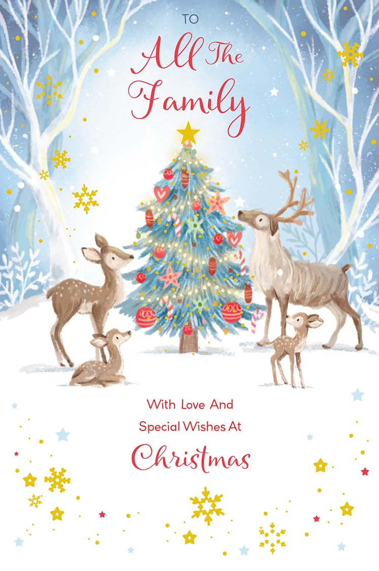 Christmas Card To All The Family Large Reindeer Snow Scene 15x23cm
