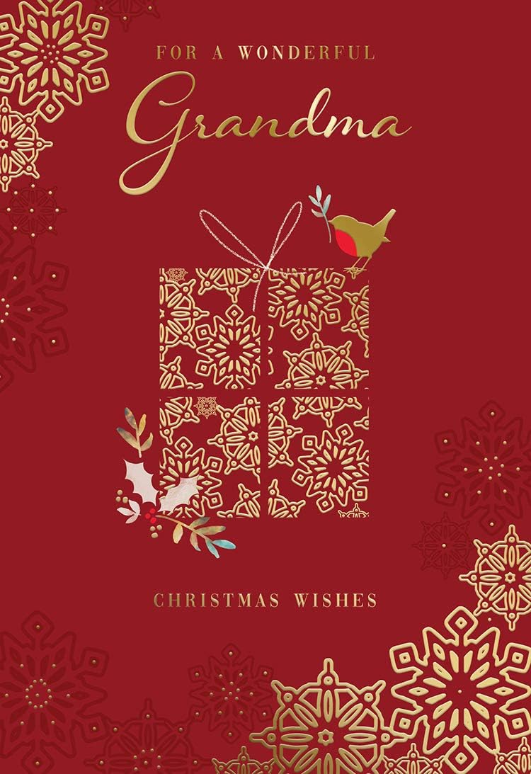 Wonderful Grandma Christmas Card Gold Present & Robin Design Lovely Verse
