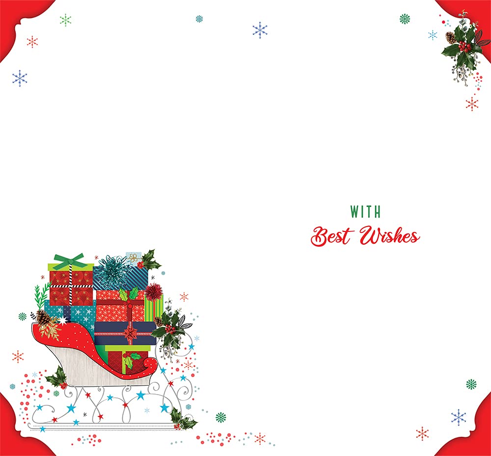 Open Christmas Card Happy Christmas Sleigh Presents Holly & Snow Bright Design