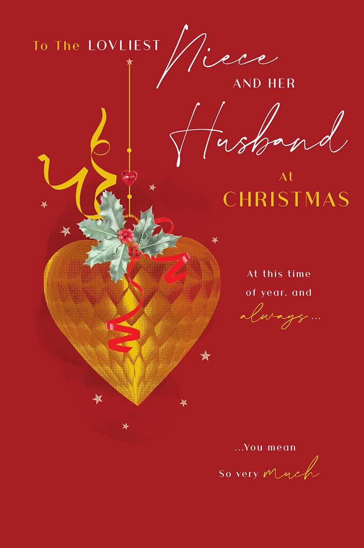 Christmas Card Loveliest Niece & Husband Large Gold Heart Holly 15x23cm