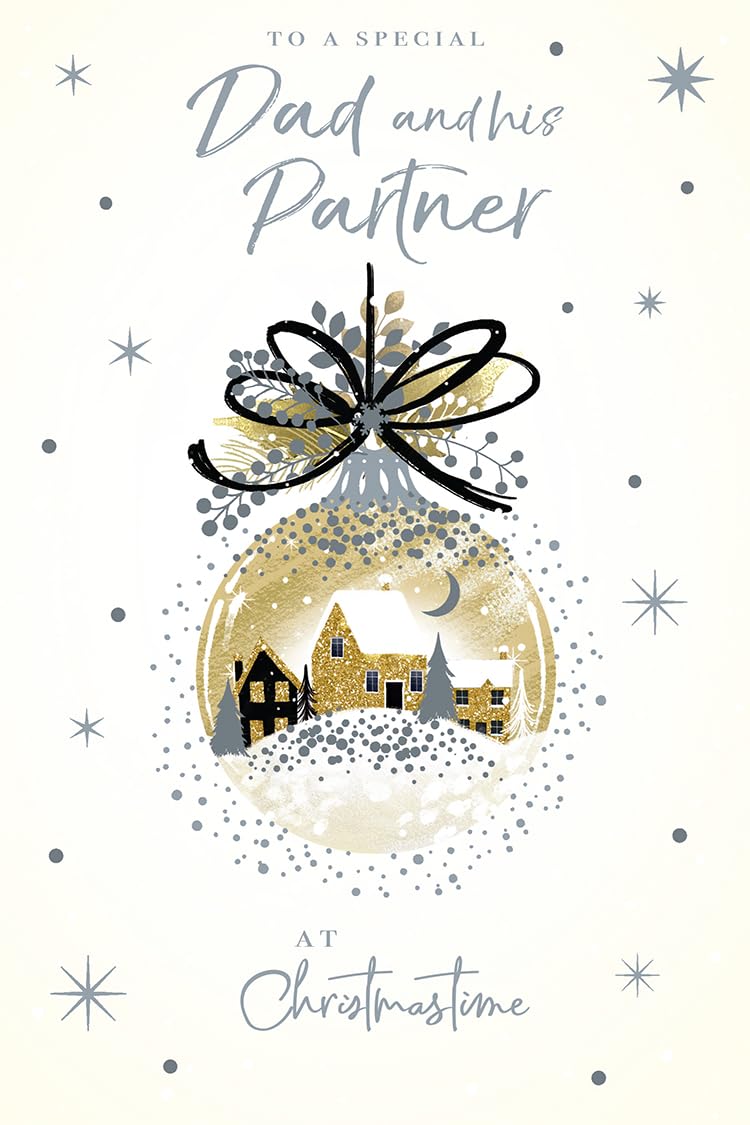 Dad & Partner Christmas Card Modern Village Bauble 9" x 6" Lovely Verse