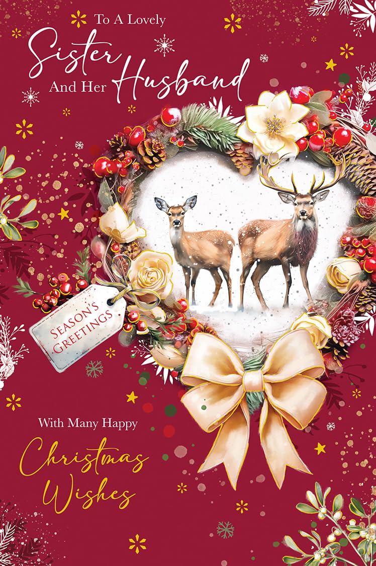 Christmas Card Special Sister & Husband Large Deer Wreath 15x23cm