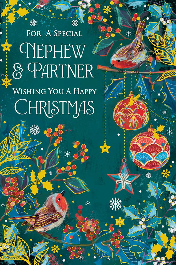 Christmas Card Special Nephew & Partner Large Robins Baubles 15x23cm