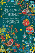 Christmas Card Special Nephew & Partner Large Robins Baubles 15x23cm