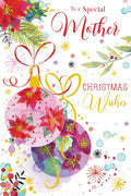 Christmas Card To Special Mother Large Floral Baubles Foliage 15x23cm