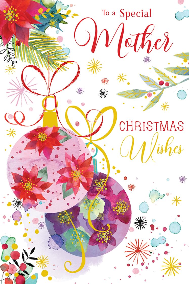 Christmas Card To Special Mother Large Floral Baubles Foliage 15x23cm