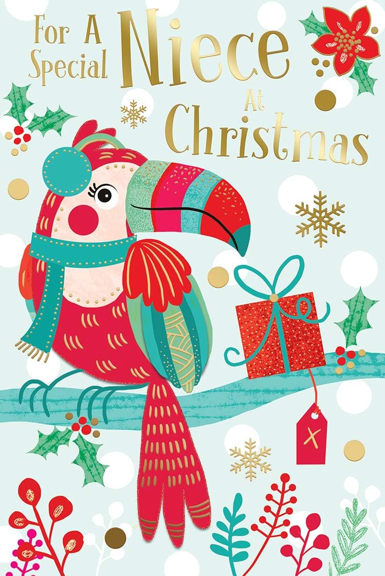 Niece Christmas Card Toucan & Present Design Lovely Verse