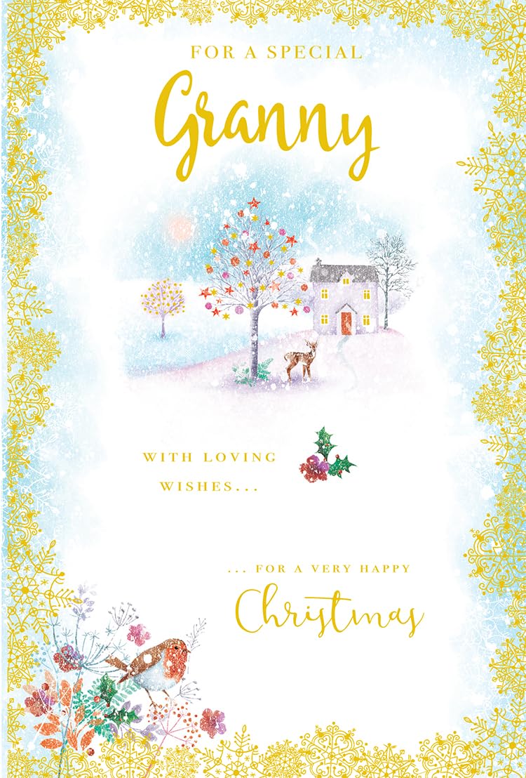 Granny Christmas Card Traditional Snow Scene House Tree 9" x 6" Lovely Verse