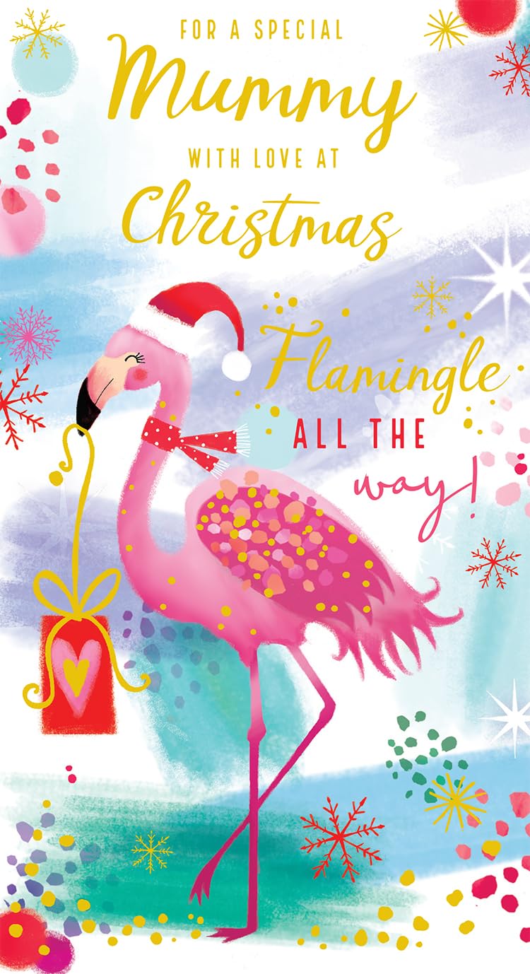 Mummy Christmas Card With Love Flamingle All The Way Flamingo 9" x 5"