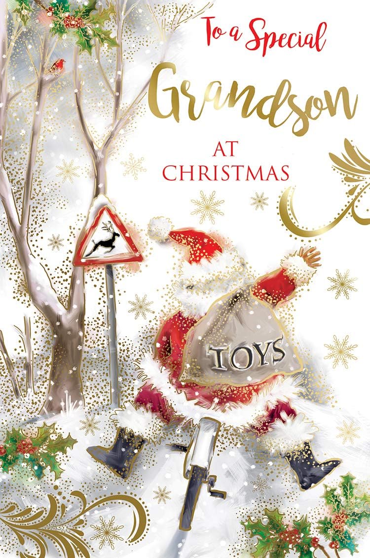 Grandson Christmas Card Santa Cycling Sack Of Toys & Holly Design Lovely Verse