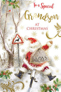 Grandson Christmas Card Santa Cycling Sack Of Toys & Holly Design Lovely Verse