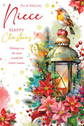 Christmas Card To Special Niece Large Robin Lantern Poinsettia 15x23cm