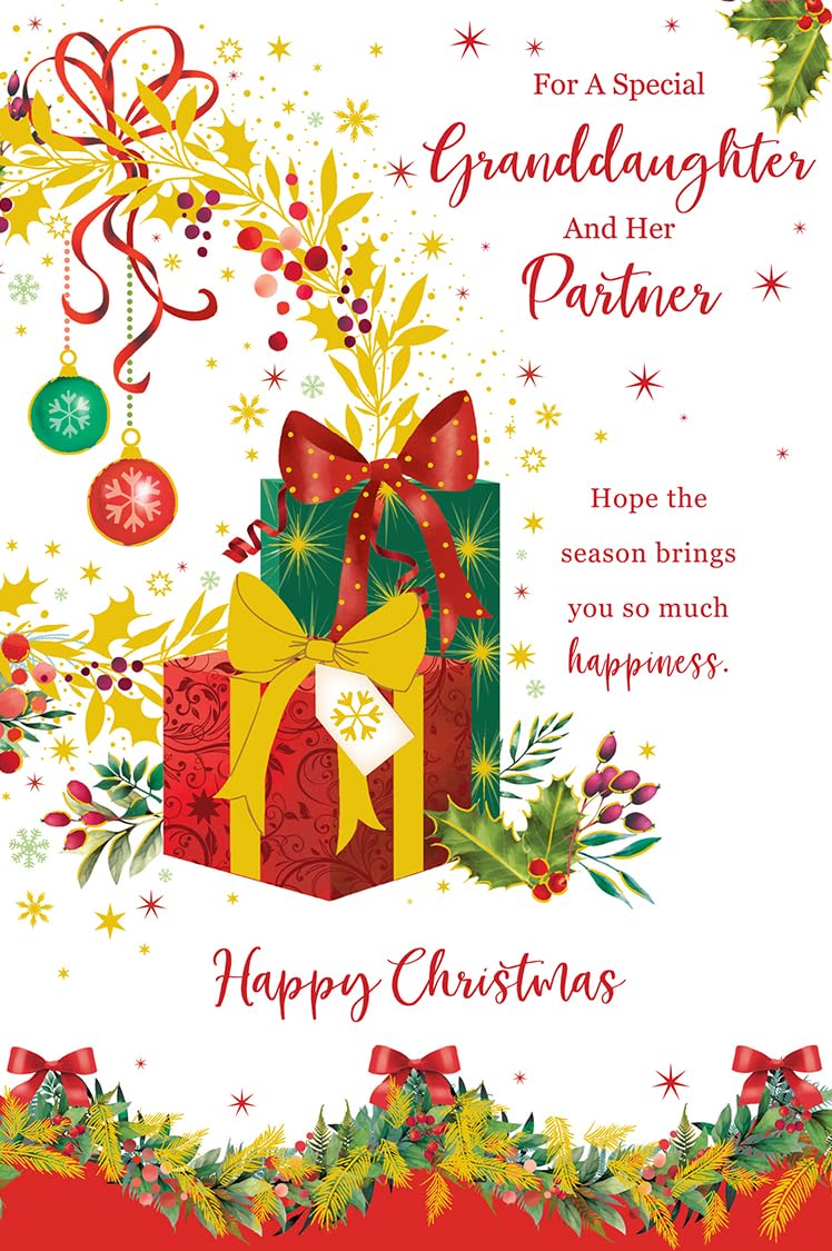 Christmas Card Granddaughter & Partner Large Presents Holly 15x23cm