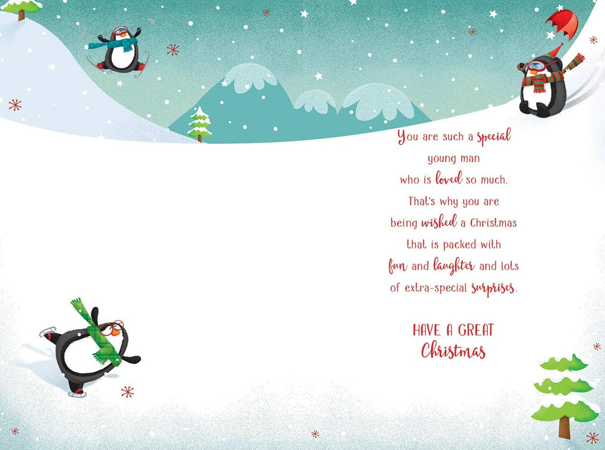 Special Little Boy Christmas Card Sking Skating Penguins & Words Design