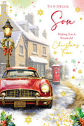 Christmas Card To Special Son Large Vintage Red Car Snow Scene 15x23cm