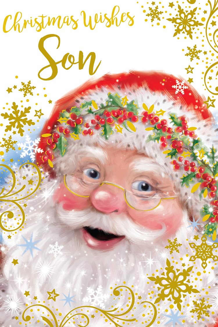 Son Christmas Card Modern Cute Santa Face Stars 7.5" x 5" Lovely Verse
